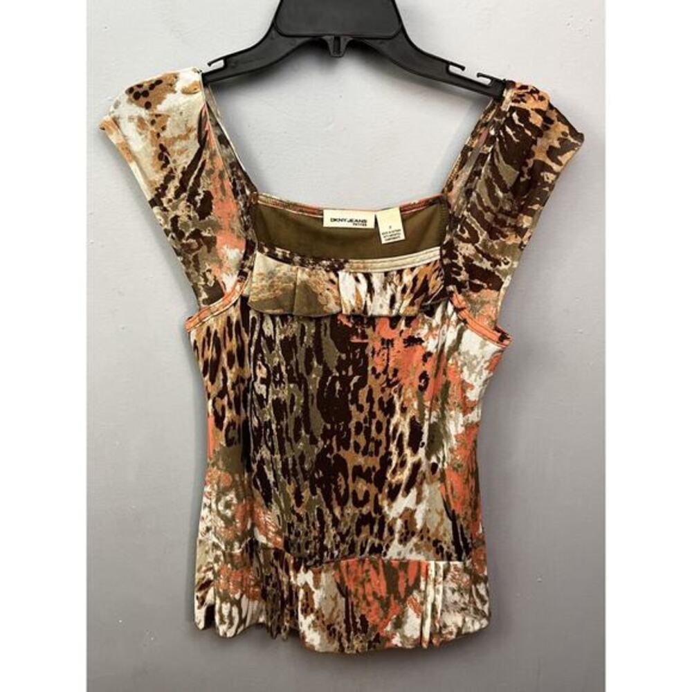 DKNY Jeans Petite Top Womens Small Y2K Brown Tan Peach Ruffle Animal Print